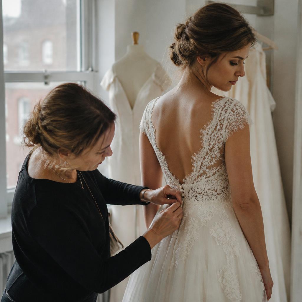 Seamstress fitting the back of a lace wedding dress on a bride in Richmond, London