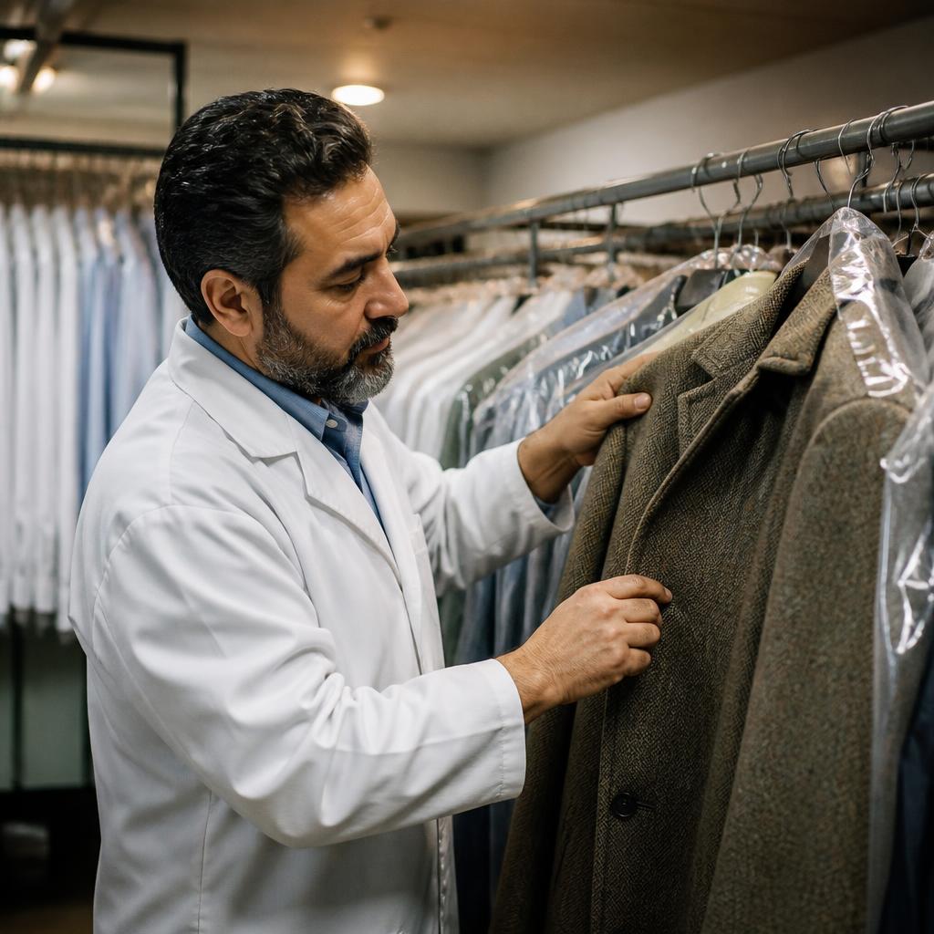 Dry cleaner inspecting a wool coat on a garment rail in Richmond