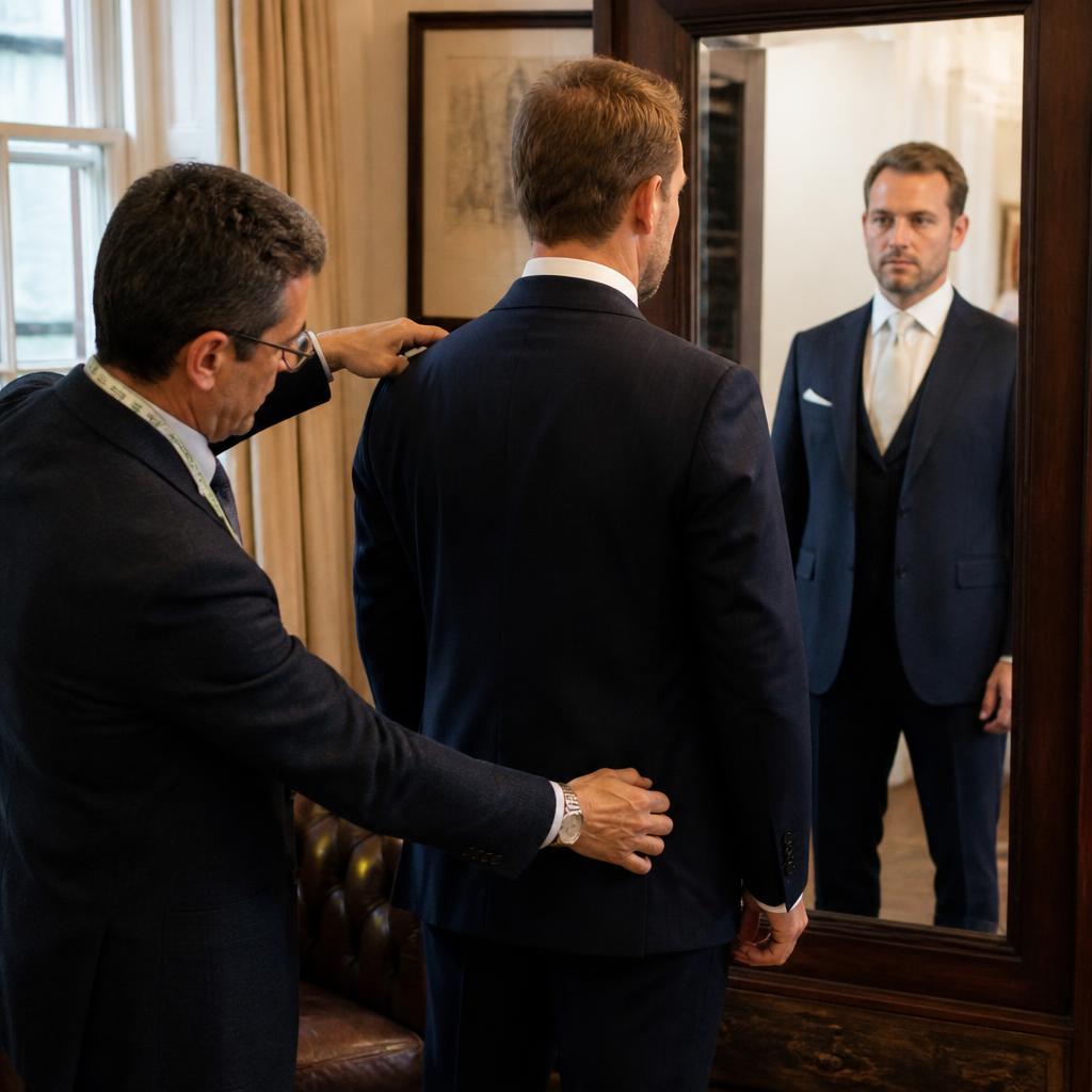 Tailor fitting a navy wedding suit on a groom in Richmond, London