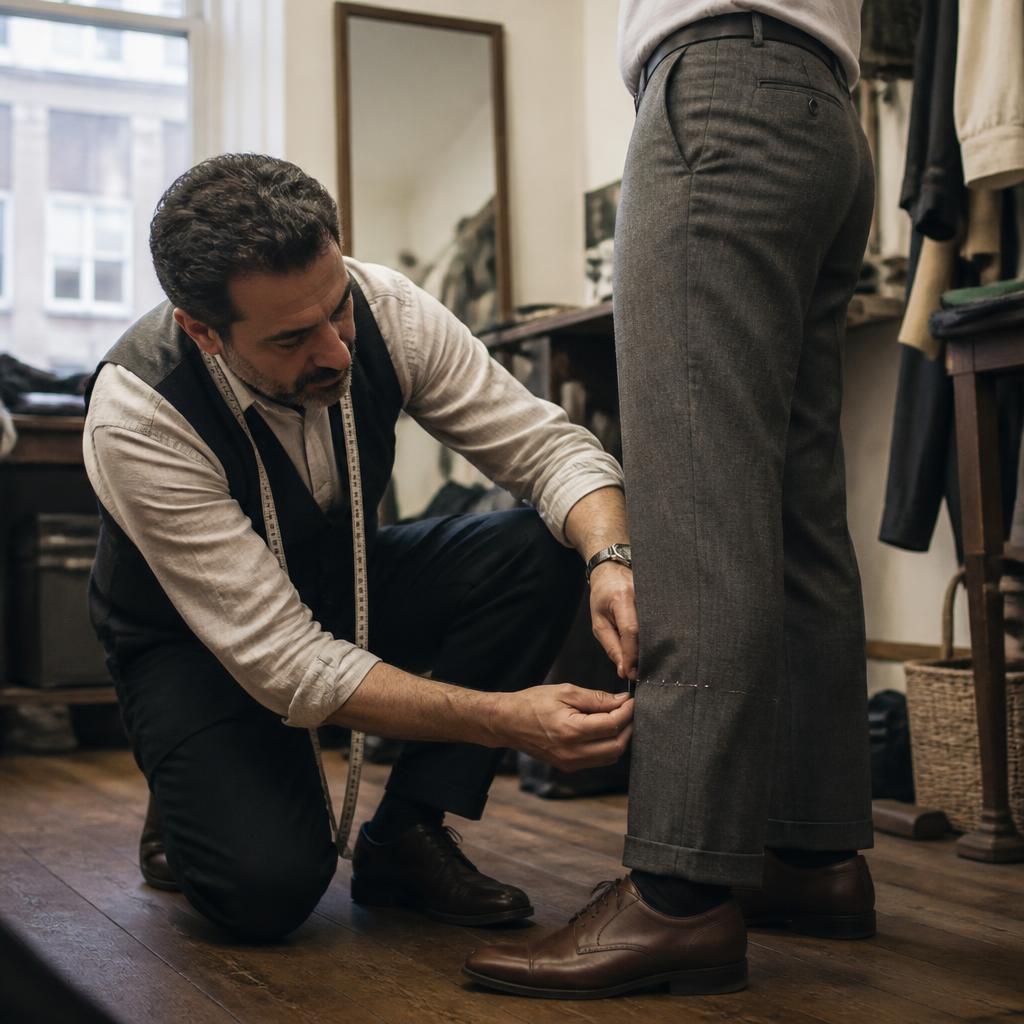 Tailor pinning up a trouser hem for a customer in Richmond