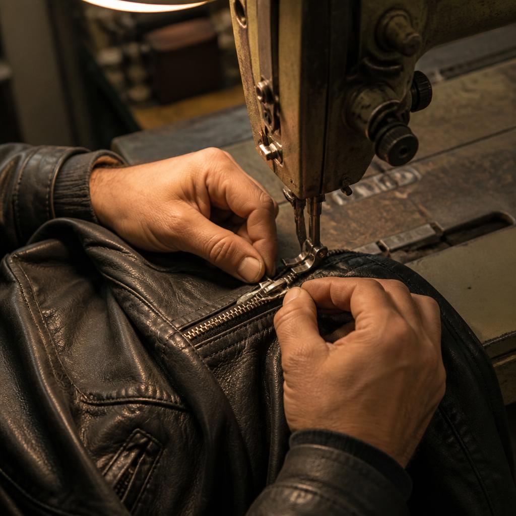 Hands replacing a broken metal zip on a leather jacket